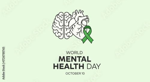 World Mental Health Day Brain, Heart, and Green Ribbon for Awareness and Support