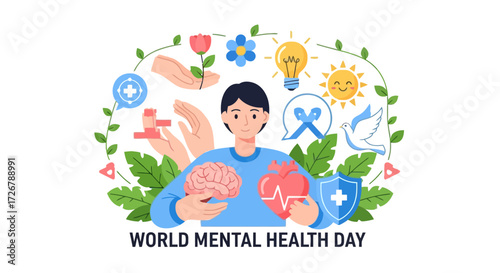 World Mental Health Day celebration with symbols of care, well-being, and positive thinking