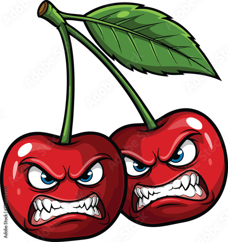 Two angry cherries with menacing expressions the red fruits glare intensely, their faces contorted in a fierce scowl, creating a comical yet intimidating image