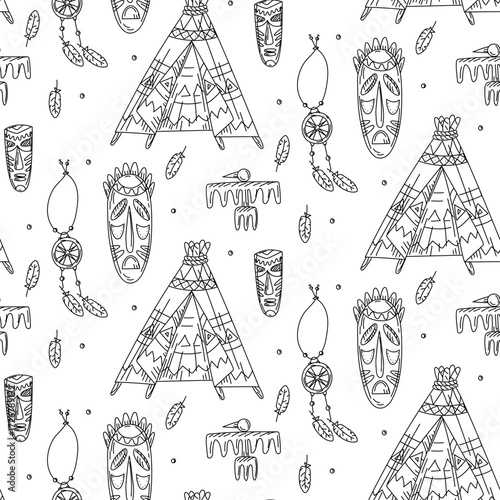 pattern of Native American objects in doodle style. Wigwam, wooden totem masks, dreamcatcher, bird drawings, feathers. Seamless texture theme of nomadic life. Decorated with feathers. American Indians