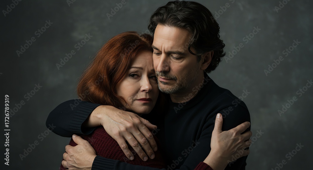 Fototapeta premium Emotional Middle-aged Couple Embracing Comfortably in Studio Portrait