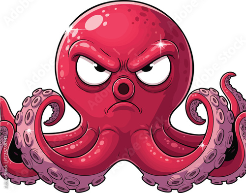 An angry red octopus with a fierce expression the marine creature glares intensely, its tentacles curled in a menacing display of underwater rage