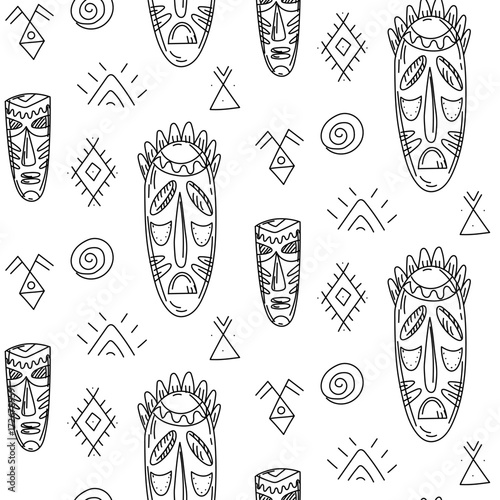 pattern of wooden masks and symbols of native American settlements. Seamless texture in doodle. elongated masks made of wood for rituals with elements of writing. Rituals, worship. American Indians