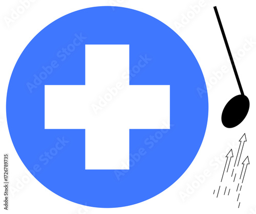 Blue cross in a circle, black spoon rising with motion arrows, representing health, healing, recovery, medicine, nutrition, growth, vitality and wellness in a simple flat metaphor