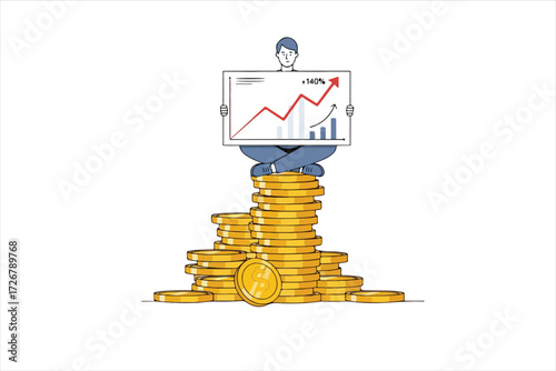 A person seated atop a pile of gold coins displays a growing financial graph.