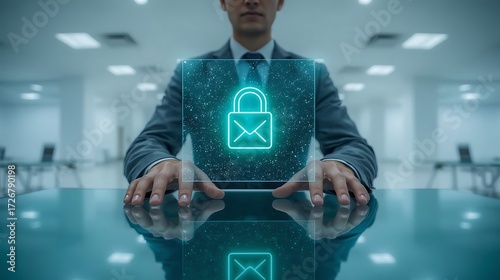 A businessman in a suit protects confidential email communication with a holographic padlock icon representing digital cybersecurity and data encryption