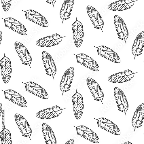 contour feathers pattern. The theme of the first American settlements. The bird's feathers are large with doodle-style designs. Seamless texture graphics for fabric. Black drawing on white, graphics