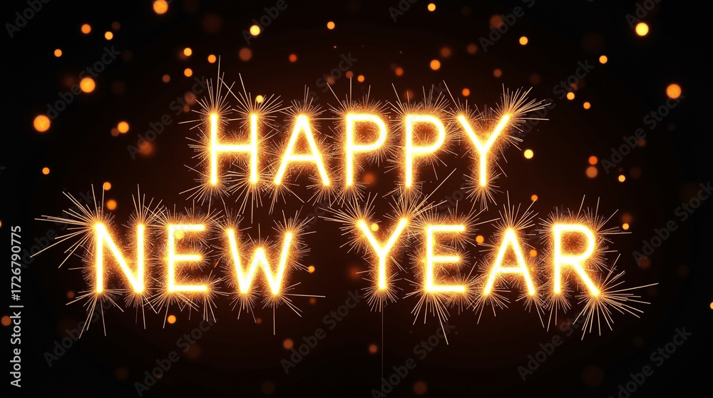 Naklejka premium Happy new year greeting card with sparkling text on a dark background, conveying festive wishes and a sense of joy for the upcoming year with bright lights and celebratory atmosphere
