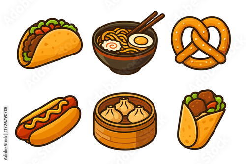 Diverse collection of popular street food items including a savory taco, steaming ramen, classic pretzel, juicy hot dog, delicious dumplings, and a fresh wrap