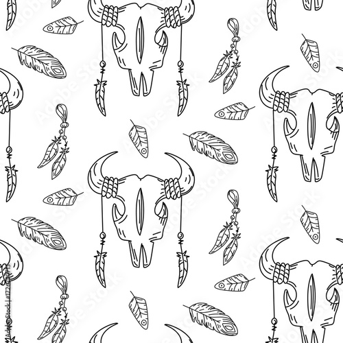 cow's skull pattern is decorated with feathers, symbolism of native American settlements. Seamless texture in doodle style. animal's head, totem for protection and rituals. Worship. American Indians