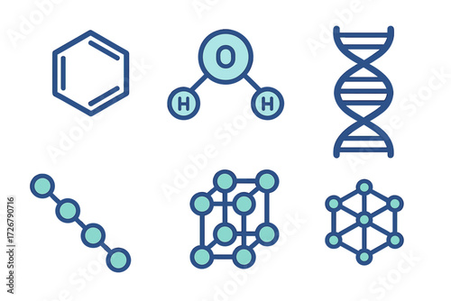 Diverse set of scientific molecular structures, including chemical compounds, DNA double helix, and various atomic lattices