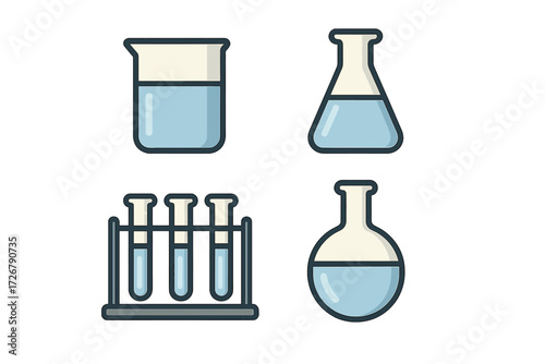 Scientific laboratory glassware set with various blue liquids for chemistry experiments and research in a modern educational or medical setting