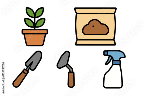 Collection of essential gardening tools and supplies for home planting and outdoor garden care activities