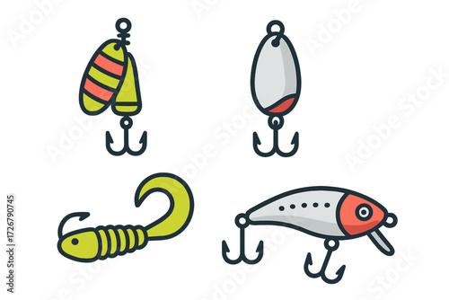 Assortment of colorful fishing lures and artificial baits for recreational angling and outdoor sport