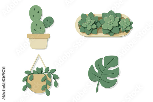 Collection of stylized houseplants including cactus, succulents, and a monstera leaf in a modern graphic style