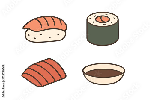 Delicious assortment of traditional Japanese sushi nigiri, maki rolls, and fresh salmon sashimi served with soy sauce