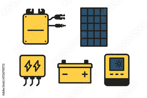 Renewable energy system elements with solar panel, power inverter, battery, and energy monitor icons