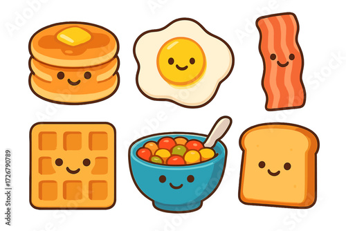 Adorable cartoon breakfast foods with smiling faces: pancakes, fried egg, bacon, waffle, cereal, toast