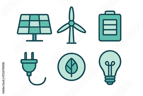 Renewable energy and sustainability symbols with solar panel, wind turbine, battery, and eco-friendly elements