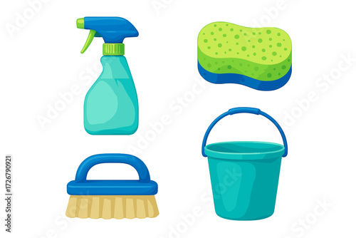 Essential household cleaning tools collection featuring spray bottle, scrubbing brush, sponge, and bucket