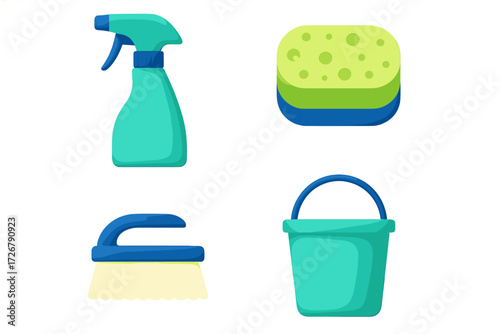 Collection of essential household cleaning tools including spray bottle, scrubbing brush, sponge, and bucket