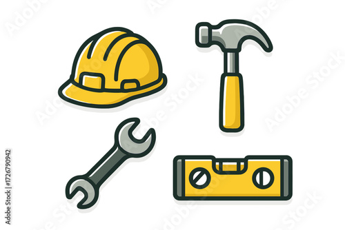 Collection of essential construction and repair tools including a safety hard hat, hammer, wrench, and spirit level