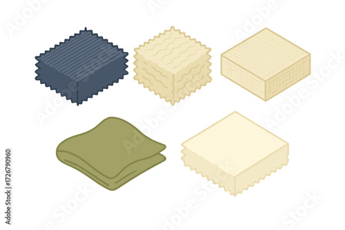 Five different fabric swatches with various textures and folds for textile design and fashion concepts