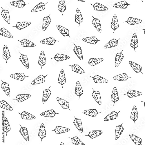 pattern is contoured with small feathers. The theme of the first American settlements. Bird feathers with doodle-style designs. Seamless texture graphics for fabric. Black drawing on white, graphics