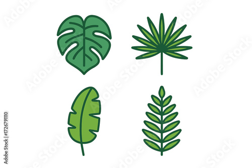 Stylized tropical green leaves collection featuring exotic botanical foliage elements and diverse natural plant shapes