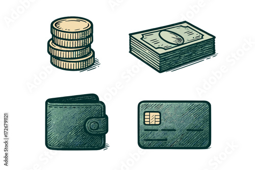 Modern financial assets and payment methods icons set with stacked coins, paper banknotes, wallet, and credit card