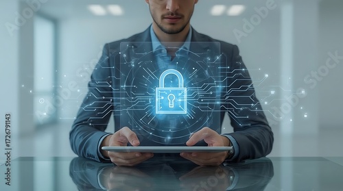 Professional in suit utilizing advanced digital security system on tablet, with glowing padlock icon representing robust data protection and privacy in a modern corporate environment
