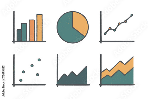 Collection of hand drawn business data visualization charts and graphs for statistical analysis and financial reporting