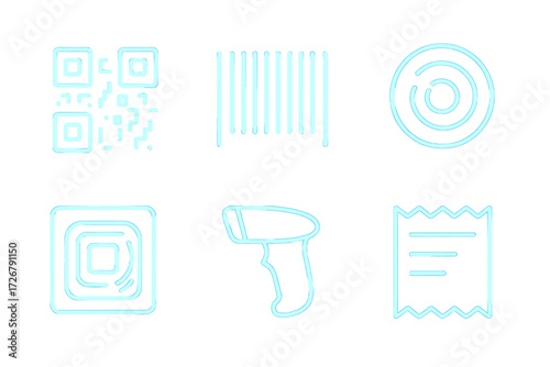 Modern digital scanning and payment symbols with QR code, barcode, scanner, and receipt elements