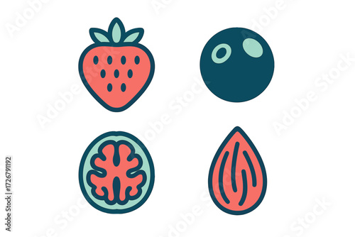 Assortment of nutritious food icons including a vibrant strawberry, dark blueberry, detailed walnut, and smooth almond