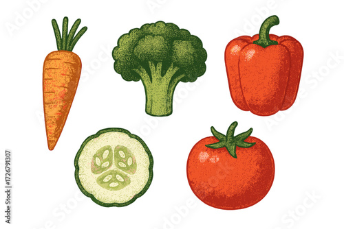 Collection of fresh healthy organic vegetables including carrot broccoli bell pepper cucumber slice and ripe tomato