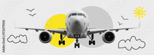 Trendy Halftone Collage of airplanes for vacations design. International travel vector