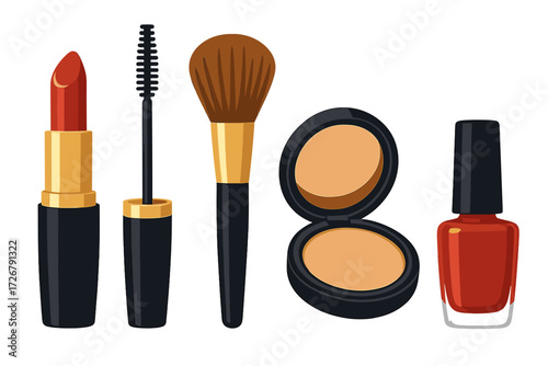 Collection of makeup products including lipstick, mascara, brush, face powder, and nail polish on a white background