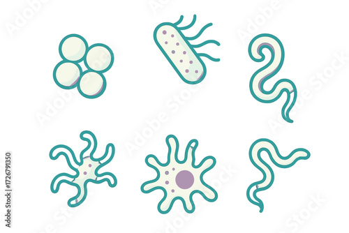 Diverse microscopic organisms and bacteria collection for scientific, biological, and educational research concepts