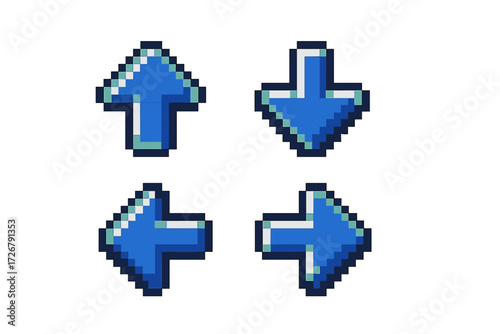 Blue pixelated arrows in retro video game style pointing up down left and right for user interface design and navigation