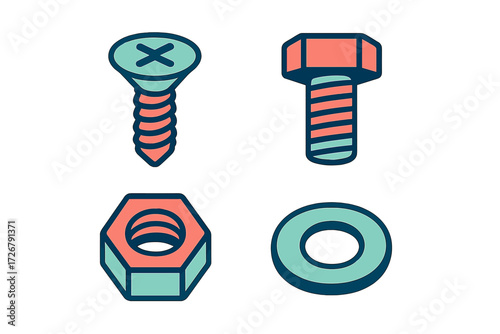Essential hardware components set featuring a screw, bolt, nut, and washer for construction and repair projects