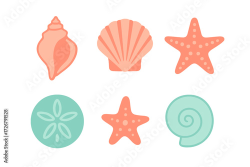 Decorative set of various ocean seashells and starfish in soft pastel colors, perfect for summer designs and beach themes
