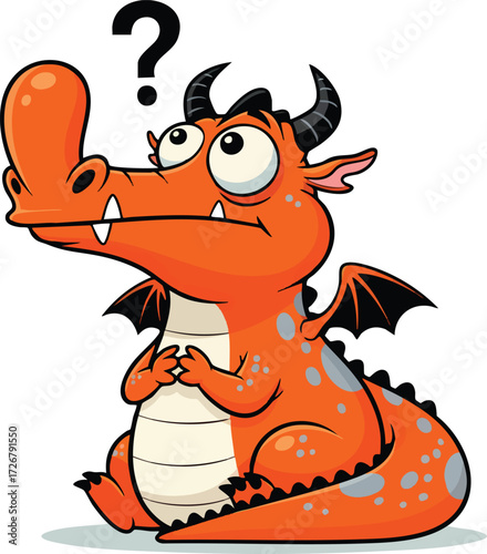 Illustration of a confused dragon with a question mark above its head the dragon is orange and has small wings it is sitting down and looking up