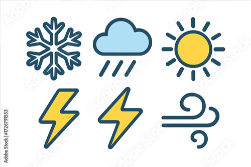 Collection of colorful weather forecast icons including sun, rain, snow, lightning, and wind symbols