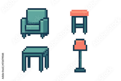 Vintage pixel art style domestic furniture collection featuring a comfortable armchair, small stool, rectangular table, and standing lamp