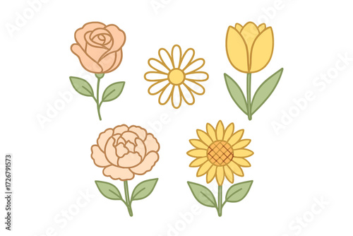 Collection of cute stylized flowers including rose, daisy, tulip, peony, and sunflower in pastel colors