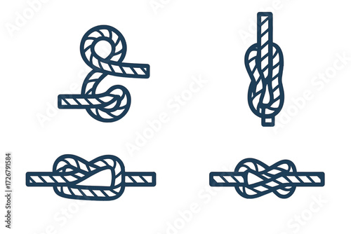 Collection of various rope knots for sailing, climbing, and outdoor activities, featuring different tying techniques
