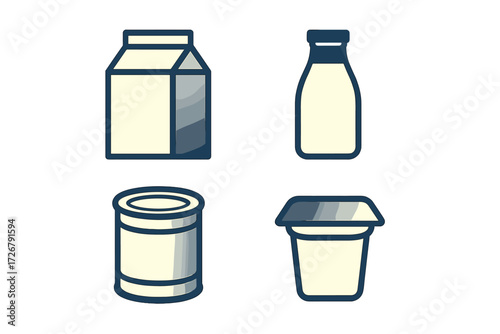 Assortment of common dairy product packaging icons featuring milk carton bottle can and yogurt container