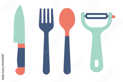 Essential kitchen tools and dining cutlery set including knife, fork, spoon, and vegetable peeler for cooking and food preparation