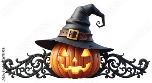 3D Halloween Pumpkin Jack O Lantern with Witch Hat and Ornamental Scrollwork Glowing Festive Decoration.