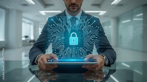 Cybersecurity Professional Securing Data on Tablet with Digital Lock, Safeguarding Digital Assets